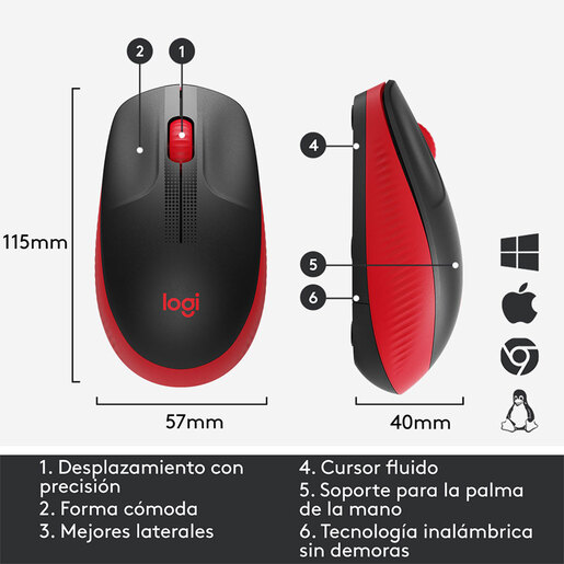 Mouse Inalámbrico Logitech M190 / Rojo con negro / USB