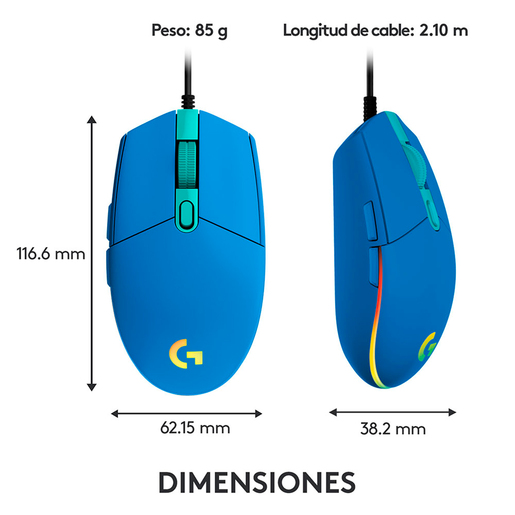 Mouse Gamer Alámbrico Logitech G203 / Azul / USB
