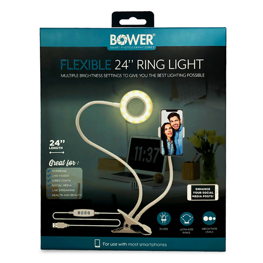 Soporte con Clip y Aro de Luz para Celular Bower BSP-SLFEKITIBL / Blanco