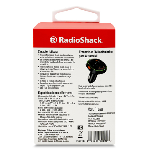 Transmisor Bluetooth para Auto RadioShack / USB / FM / Negro