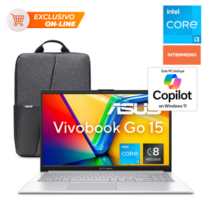 Laptop Asus Vivobook Go 15 Intel Core i3 15.6 pulg. 8 GB RAM 512 GB SSD incluye Mochila Laptop Asus Vivobook Go 15 Intel Core i3 15.6 pulg. 8 GB RAM 512 GB SSD incluye Mochila
