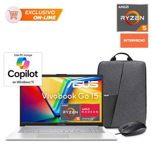 Laptop Asus Vivobook Go 15 AMD Ryzen 5 15.6 pulg. 16gb RAM 512gb SSD incluye Mochila y Mouse Laptop Asus Vivobook Go 15 AMD Ryzen 5 15.6 pulg. 16gb RAM 512gb SSD incluye Mochila y Mouse