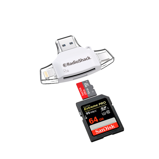 Adaptador 4 en 1 RadioShack RCR03 / SD / Micro SD / Lightning / USB / Blanco