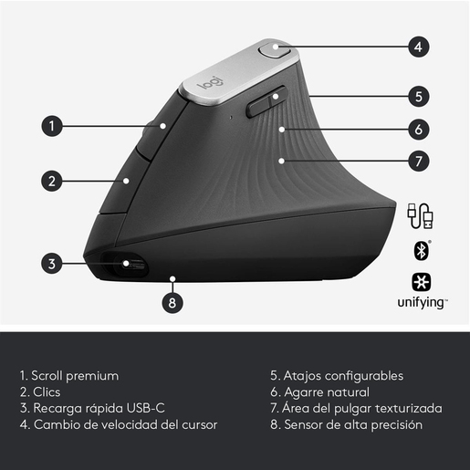 Mouse Inalámbrico Logitech MX Vertical / Negro / Bluetooth / Receptor USB / Recargable