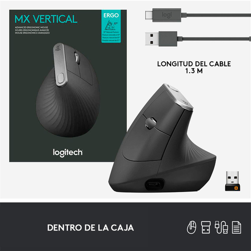 Mouse Inalámbrico Logitech MX Vertical / Negro / Bluetooth / Receptor USB / Recargable