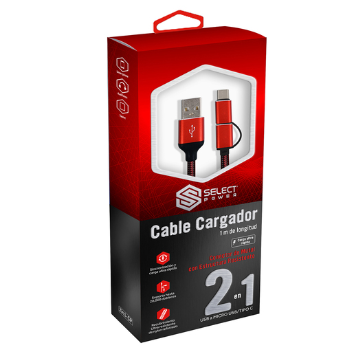 Cable 2 en 1 USB a Micro USB y Tipo-C Select Power / Rojo / 1 m