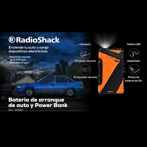 Arrancador Jumper Portátil para Auto con Power Bank RadioShack 2309309 / 12000 mAh / Negro con naranja