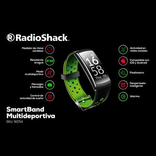 Smart Band RadioShack 6301830 / Bluetooth / IP68 / Negro con verde