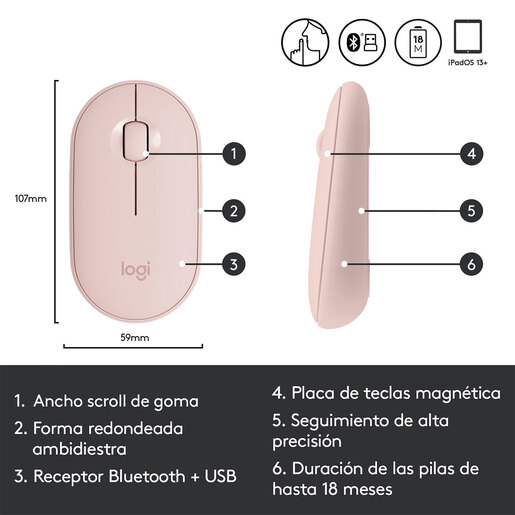Mouse Inalámbrico Logitech Pebble M350 / Rosa / Bluetooth / USB