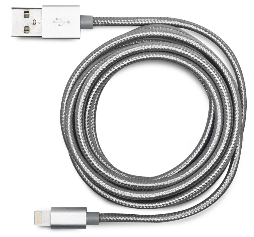 un cable con trenzado plata de 1.8 metros marca radioshack en fondo blanco explicando que es un conector lightning