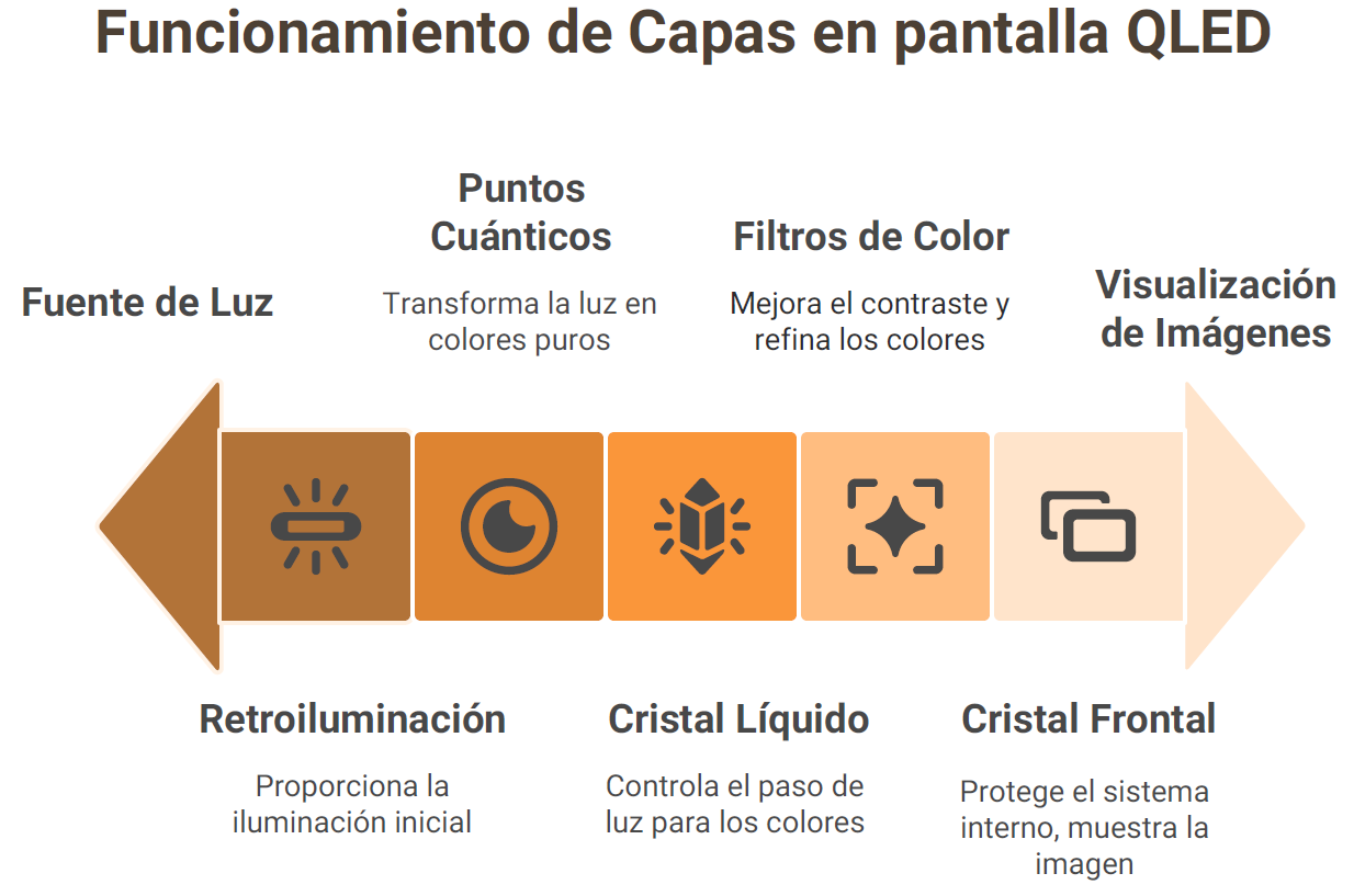 infografia que muestra la composición de una pantalla qled y su funcionamiento desde la fuente de la luz hasta la visualización de imagenes
