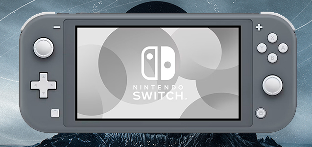 Nintendo Switch Lite de color gris con el logo de Nintendo Switch en la pantalla.