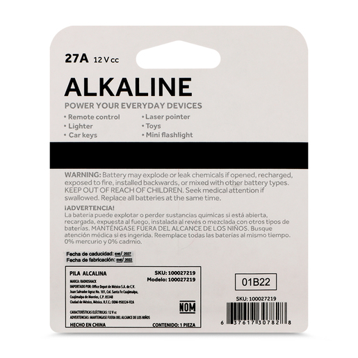Pila Alcalina 27A 12V RadioShack / 1 pieza Pila Alcalina 27A 12V RadioShack / 1 pieza