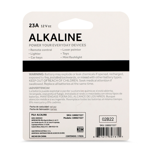 Pila Alcalina 23A 12V RadioShack / 1 pieza Pila Alcalina 23A 12V RadioShack / 1 pieza