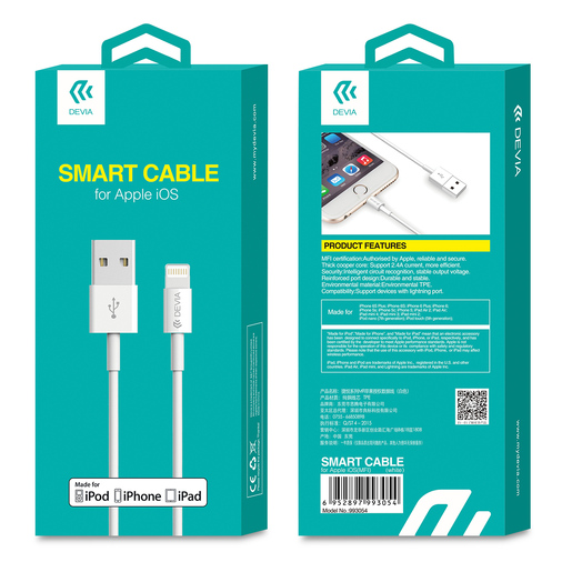 Cable USB a Lightning Devia Smart / 1 m / Blanco Cable USB a Lightning Devia Smart / 1 m / Blanco