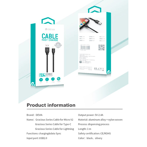 Cable USB a Lightning Devia Gracious Series / 1 m / Negro Cable USB a Lightning Devia Gracious Series / 1 m / Negro