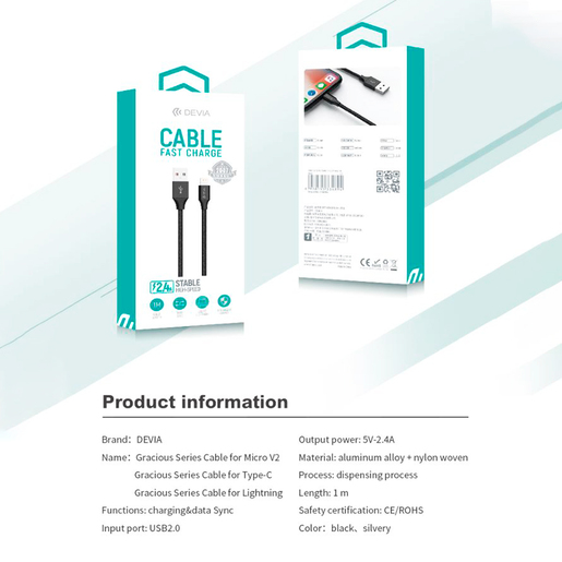Cable USB a Lightning Devia Gracious Series / 1 m / Negro