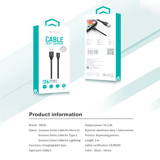 Cable USB a Lightning Devia Gracious Series / 1 m / Negro Cable USB a Lightning Devia Gracious Series / 1 m / Negro