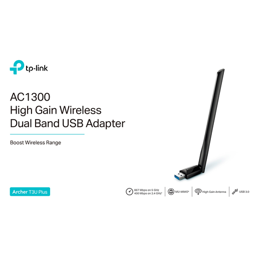 Adaptador WiFi USB Inalámbrico TP Link Archer T3U Plus AC1300 / Negro