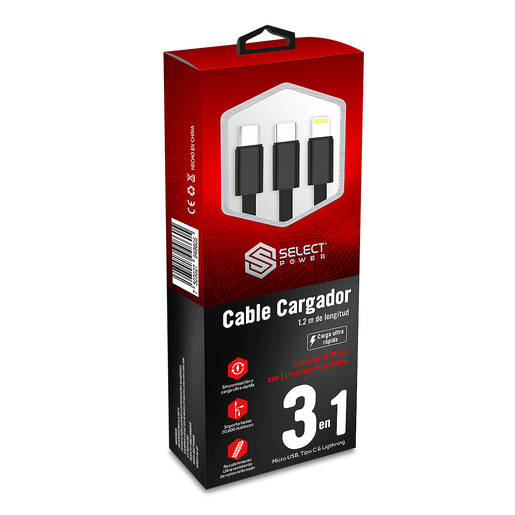 Cable Cargador Select Power /  1.2 m / Micro USB / Tipo C / Lightning / Negro Cable Cargador Select Power /  1.2 m / Micro USB / Tipo C / Lightning / Negro