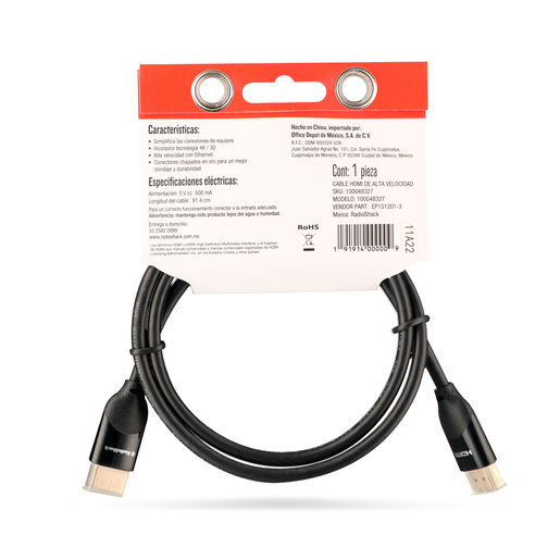 Cable HDMI con Ethernet RadioShack / 91 cm / Plástico / Negro