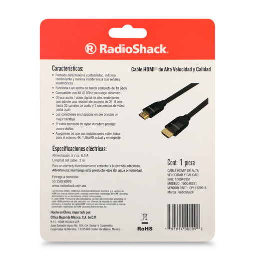Cable HDMI con Ethernet RadioShack Premium / 1.82 m / Trenzado / Negro