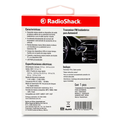 Transmisor FM Inalámbrico para Auto RadioShack BFM4 / USB 