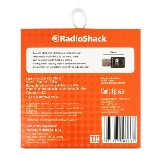Mini Adaptador USB de Red Inalámbrica RadioShack 600 MBPS Mini Adaptador USB de Red Inalámbrica RadioShack 600 MBPS