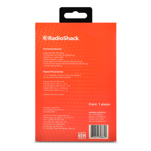 PowerBank RadioShack 2 puertos USB 20 000 mAh Negro PowerBank RadioShack 2 puertos USB 20 000 mAh Negro