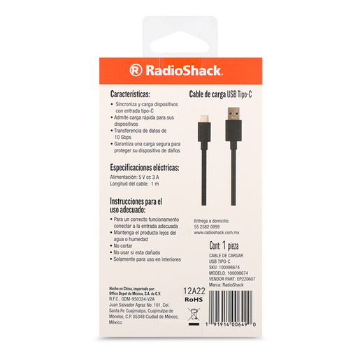 Cable de Carga USB Tipo C RadioShack 1 m Plástico