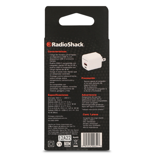 Cargador de Pared RadioShack USB y Tipo C Blanco 1 pieza Cargador de Pared RadioShack USB y Tipo C Blanco 1 pieza