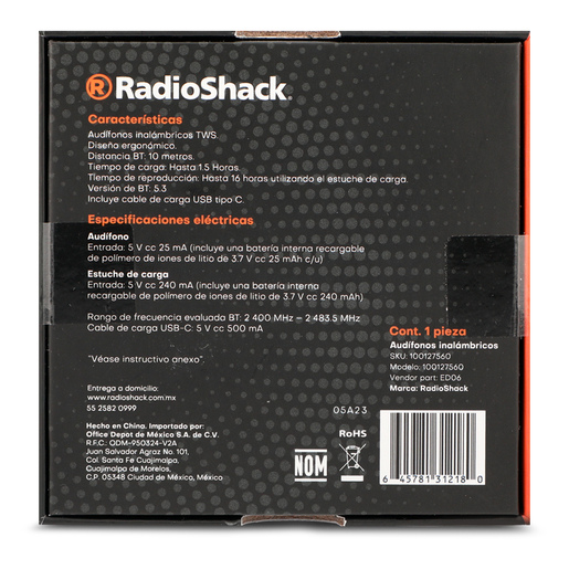 Audífonos Inalámbricos E16 RadioShack Negro, Audífonos, Audio, Originales RadioShack, Todas, Categoría