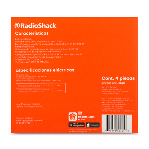 Foco Inteligente Led E26 RadioShack 9 W Alexa/Google Home 4 piezas