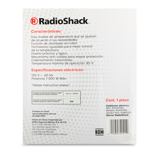 Calefactor Eléctrico RadioShack A14B0229 Doble Potencia