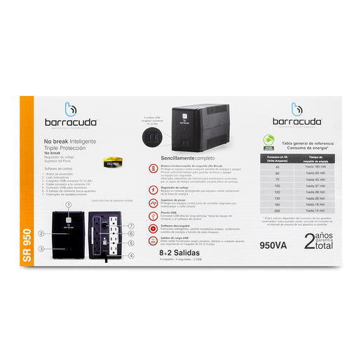 No Break Inteligente SR950 Barracuda 8 Salidas 2 USB 950VA No Break Inteligente SR950 Barracuda 8 Salidas 2 USB 950VA