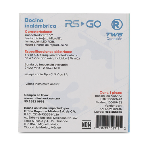 Bocina Resistente al Agua Inalámbrica RadioShack Azul   Bocina Resistente al Agua Inalámbrica RadioShack Azul
