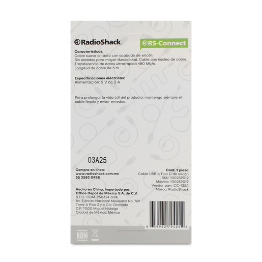 Cable USB 2.0 Tipo A a Tipo C RadioShack 3 m Negro Cable USB 2.0 Tipo A a Tipo C RadioShack 3 m Negro