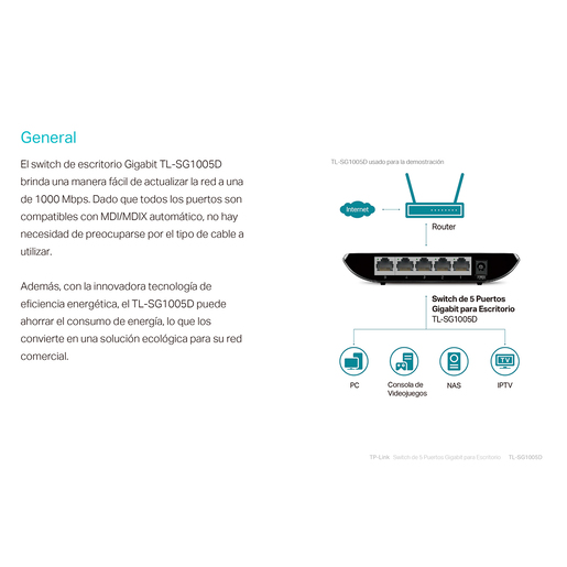 Switch TP Link TL SG1005D / Negro / 5 puertos Switch TP Link TL SG1005D / Negro / 5 puertos