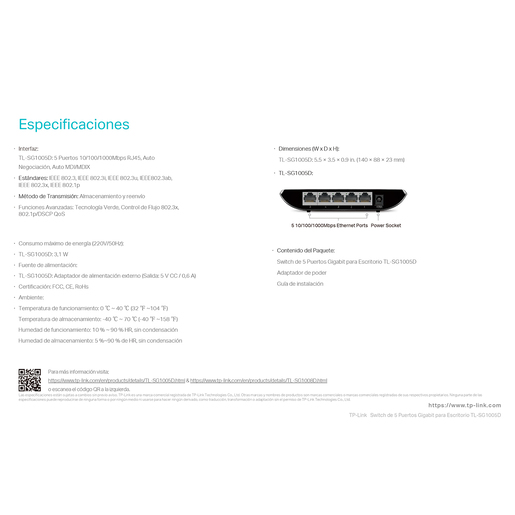 Switch TP Link TL SG1005D / Negro / 5 puertos Switch TP Link TL SG1005D / Negro / 5 puertos