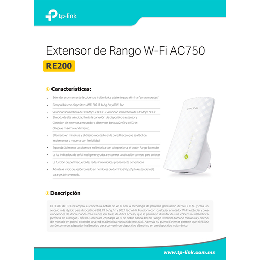 Extensor de Rango WiFi TP Link RE200 / 750 Mbps / 2.4 y 5 GHz / Blanco