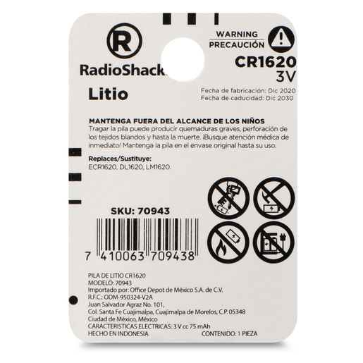 Pila de Litio RadioShack 3v CR1620 1 pieza Pila de Litio RadioShack 3v CR1620 1 pieza