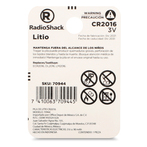 Pila Botón de Litio CR2016 RadioShack