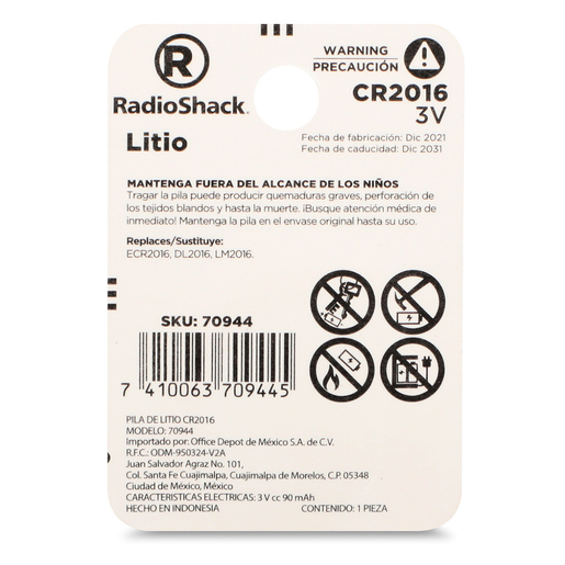 Pila de Litio RadioShack 3v CR2016 1 pieza Pila de Litio RadioShack 3v CR2016 1 pieza