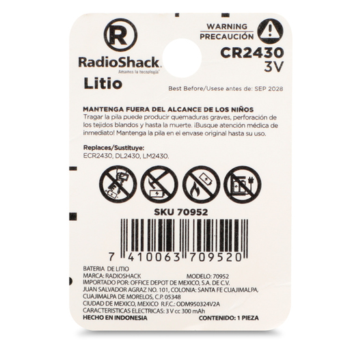 Pila Botón de Litio CR2430 RadioShack, Pilas Litio