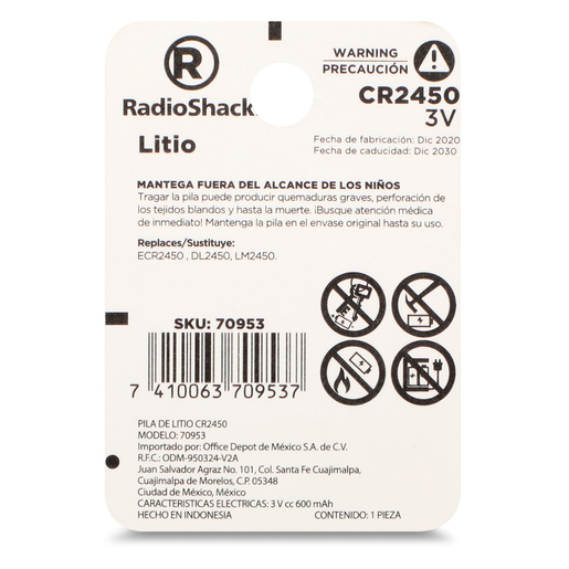 Pila Botón de Litio CR2450 RadioShack