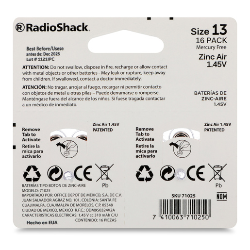 Pila Auditiva de Zinc Air 13 RadioShack / 16 piezas
