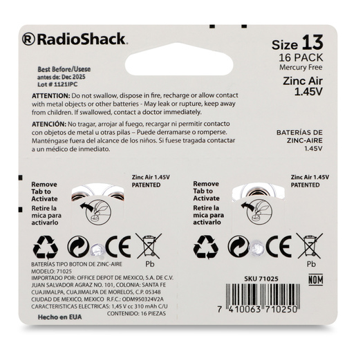 Baterías de Zinc Aire 13 RadioShack 1.45 v 16 piezas Baterías de Zinc Aire 13 RadioShack 1.45 v 16 piezas