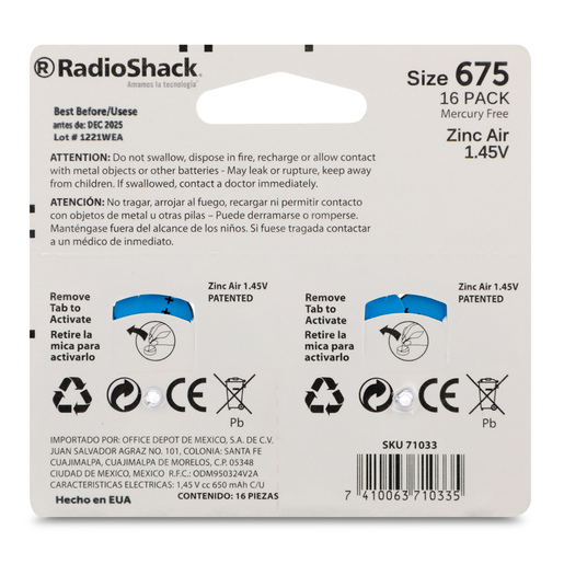 Pila Auditiva de Zinc Air 675 RadioShack / 16 piezas Pila Auditiva de Zinc Air 675 RadioShack / 16 piezas
