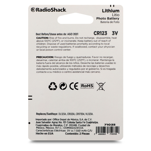 Pilas Foto de Litio CR123 RadioShack 2 piezas Pilas Foto de Litio CR123 RadioShack 2 piezas