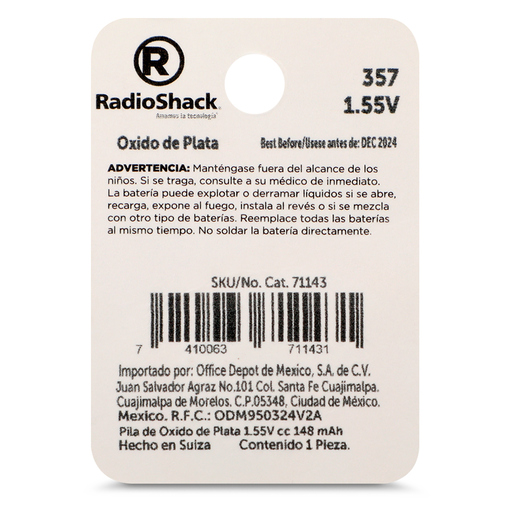 Pila para Reloj de Óxido de Plata 357 RadioShack